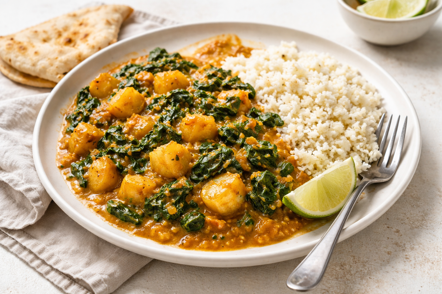 Indiase aardappel-spinazie curry met bloemkoolrijst