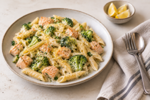 Een bord met pasta in een romige boursin saus met zalm en broccoli