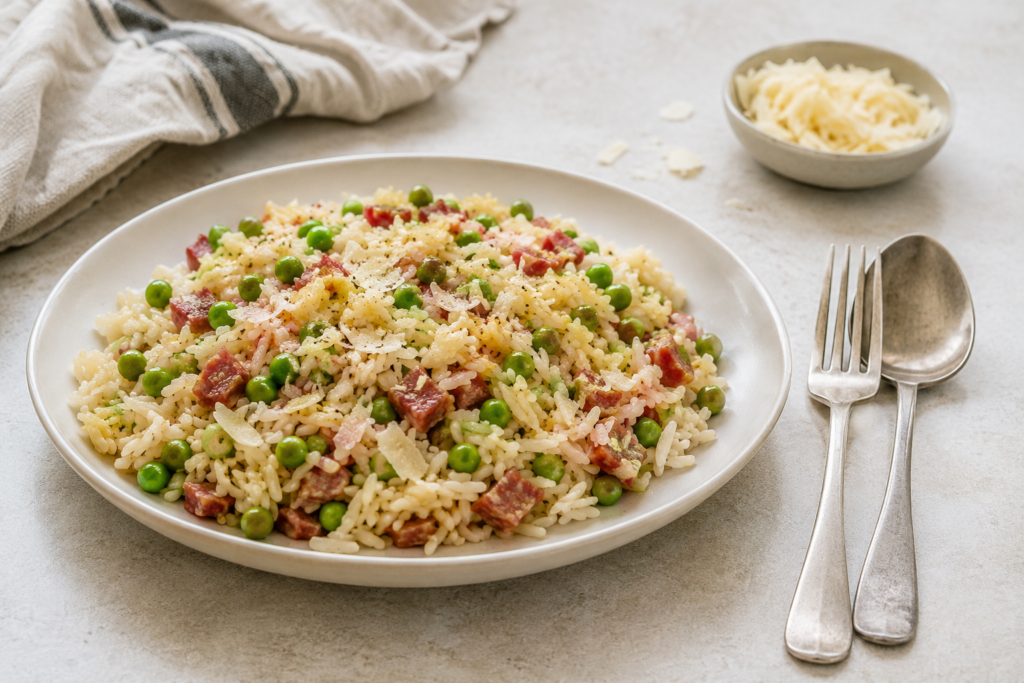Snelle-risotto-met-salami-en-doperwten
