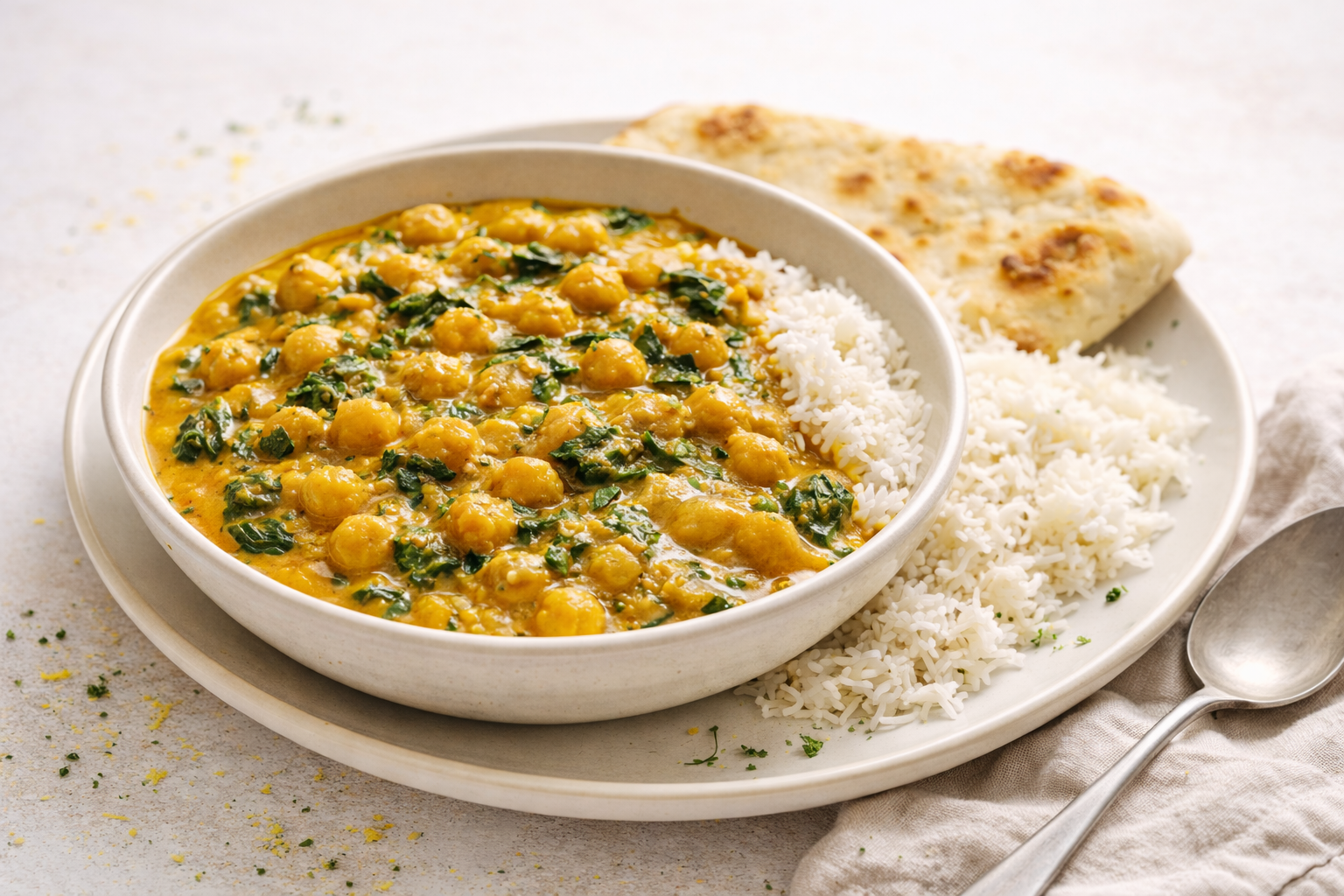 Romige Indiase curry met kikkererwten en spinazie