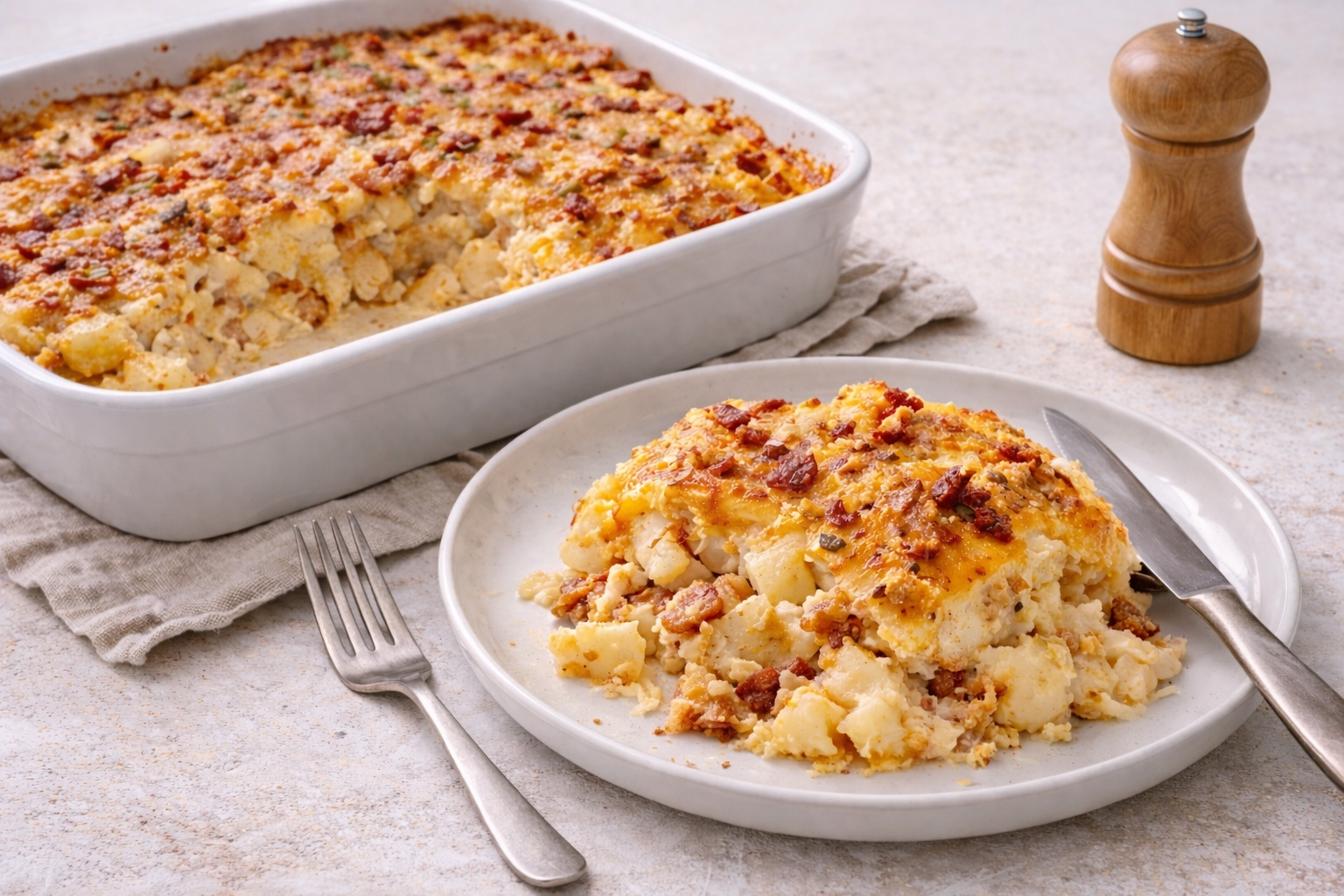 Loaded aardappel ovenschotel met kaas en spek