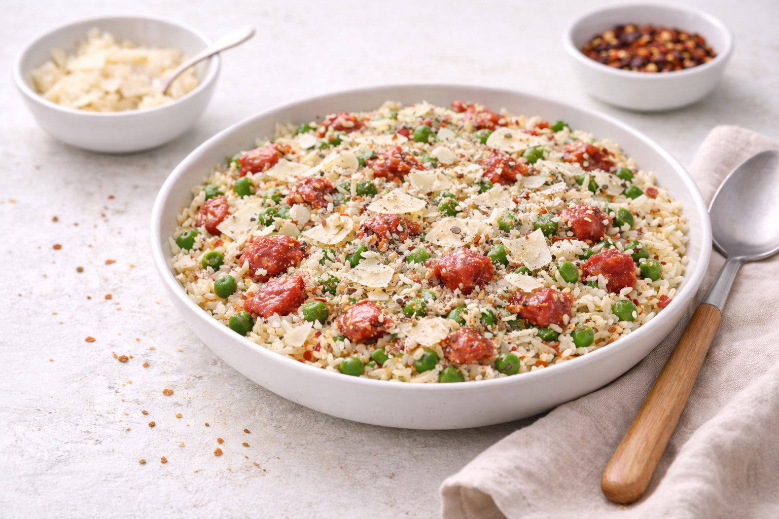 Snelle risotto met salami en doperwten