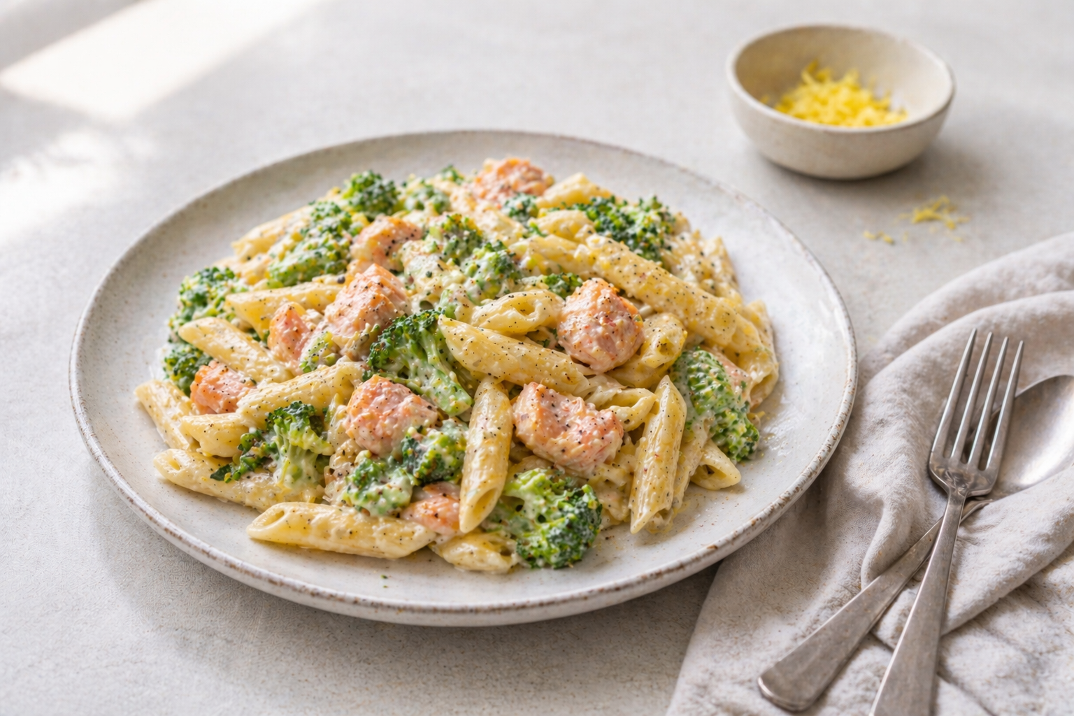 Romige Boursin pasta met zalm en broccoli