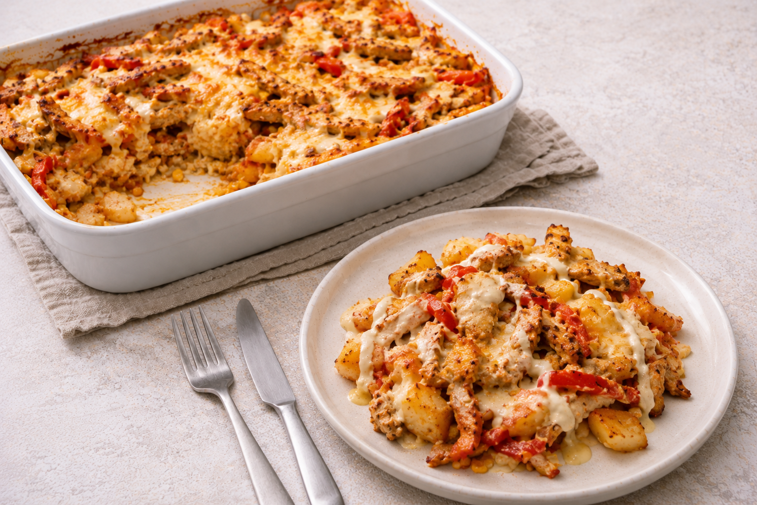 Kipshoarma aardappelschotel met zelfgemaakte knoflooksaus