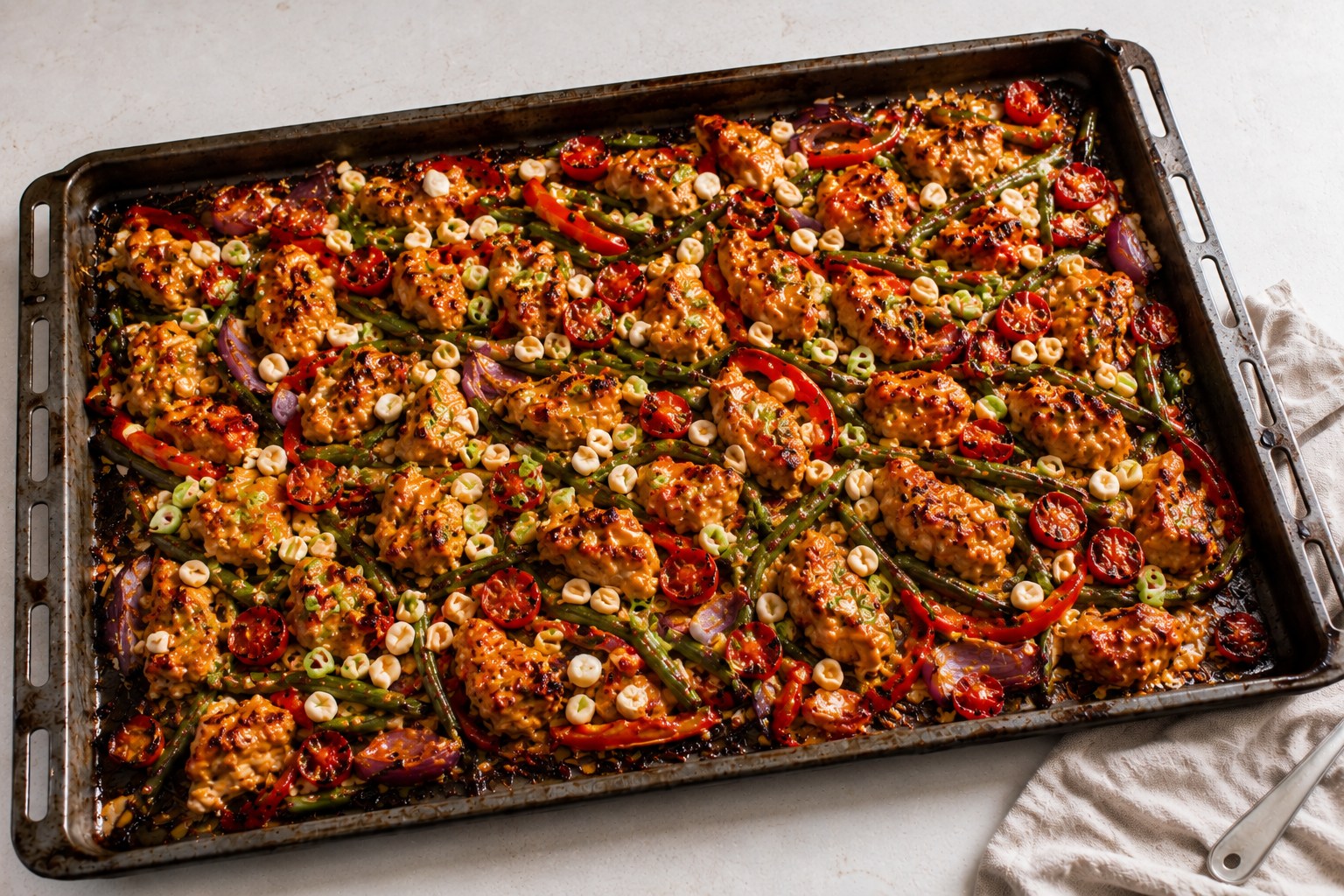 Saté traybake met kip en sperziebonen