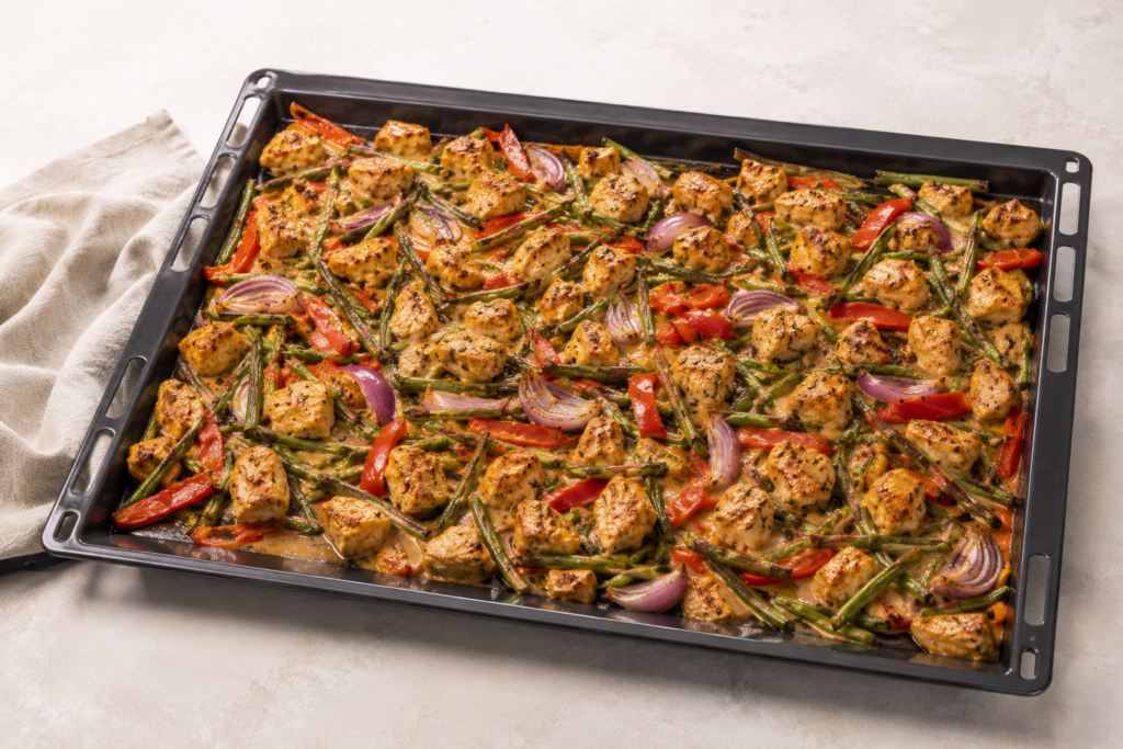 Saté traybake-met-kip-en-sperziebonen