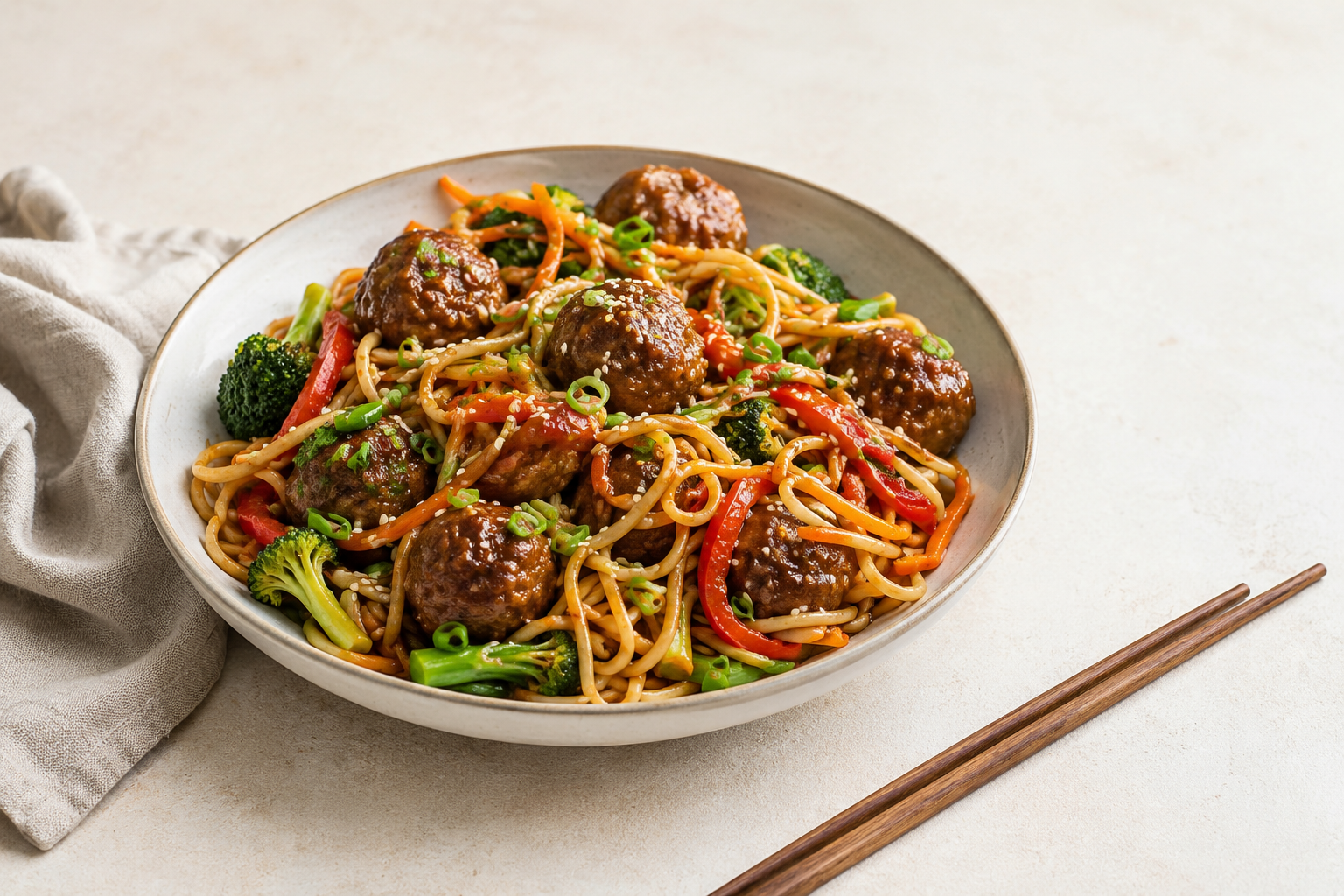 Sticky teriyaki gehaktballetjes met noedels