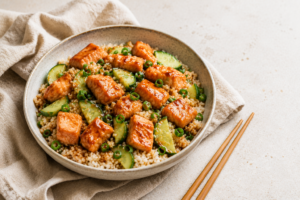 Teriyaki-zalm-bowl-met-sushi-rijst-en-komkommer