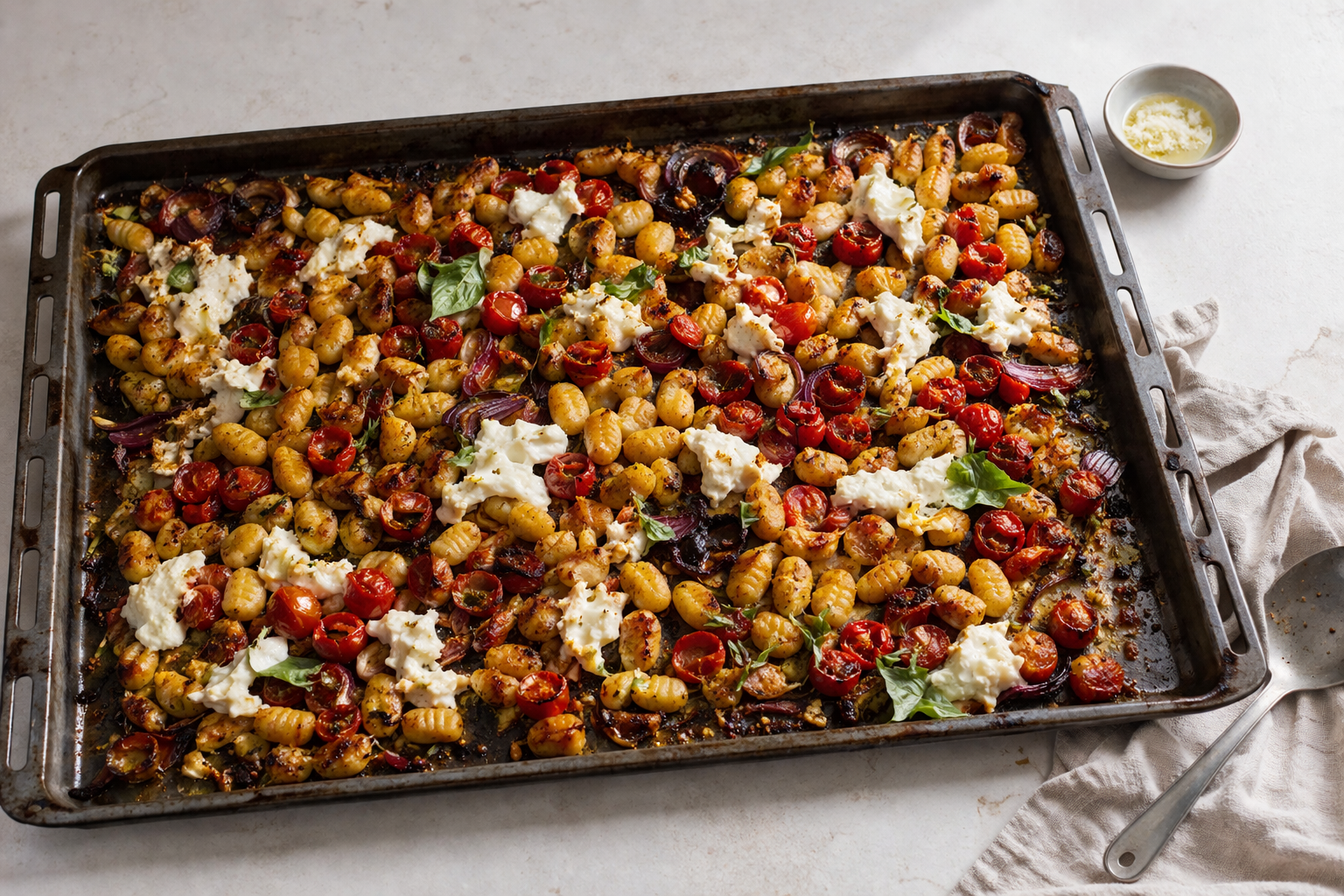 Traybake met krokante gnocchi en romige burrata