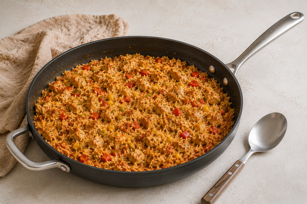 Romige-cajun-kip-met-rijst-uit-een-pan