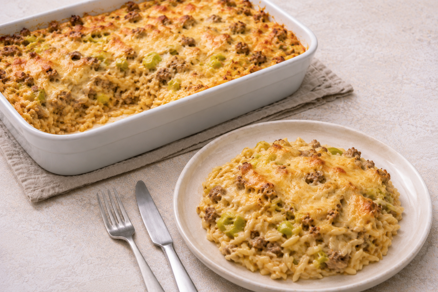 Romige preischotel met orzo en gehakt