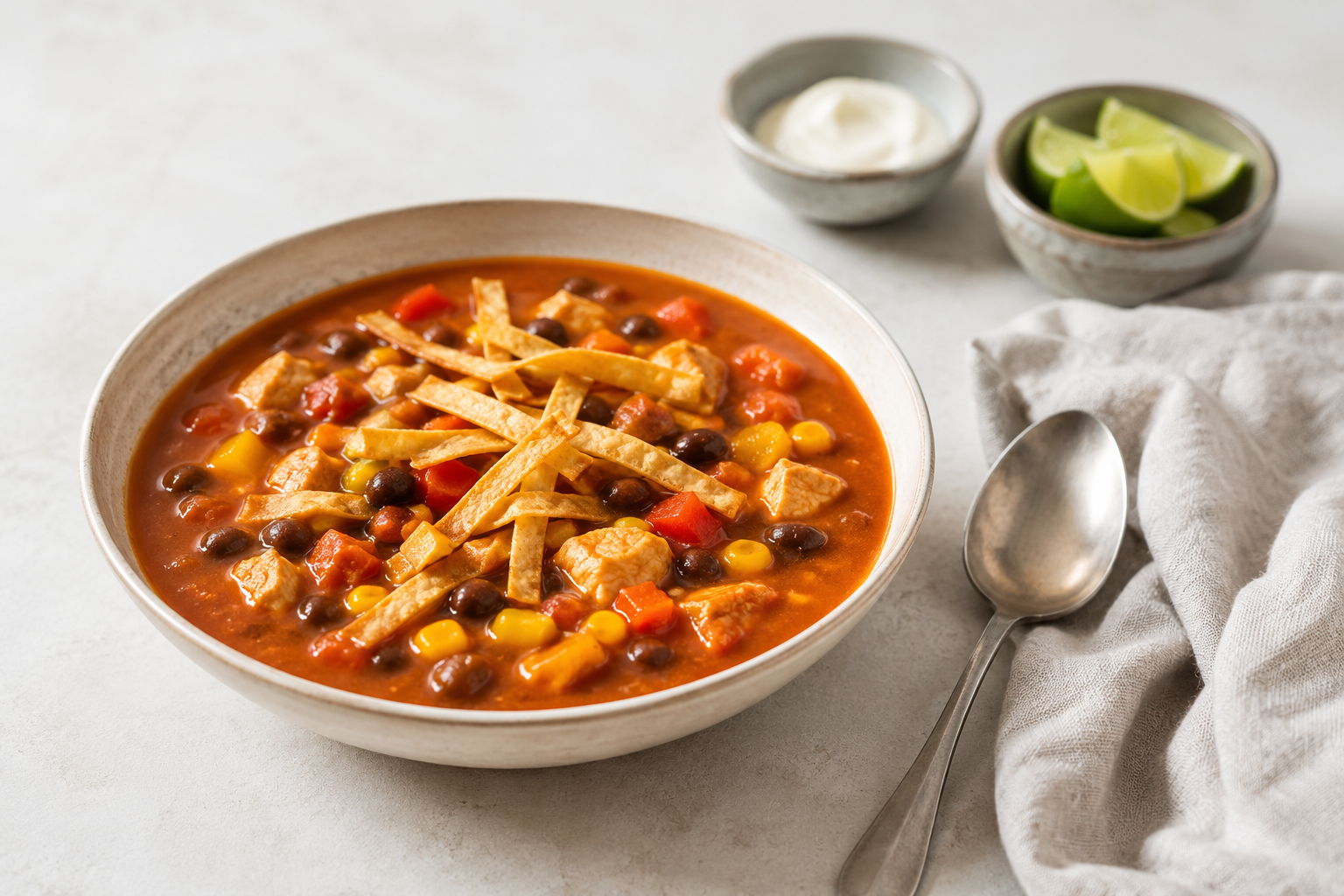 Mexicaanse tortillasoep met kip en krokante tortilla's
