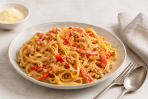 Pasta_met_kipgehakt_paprika_en_roomkaas