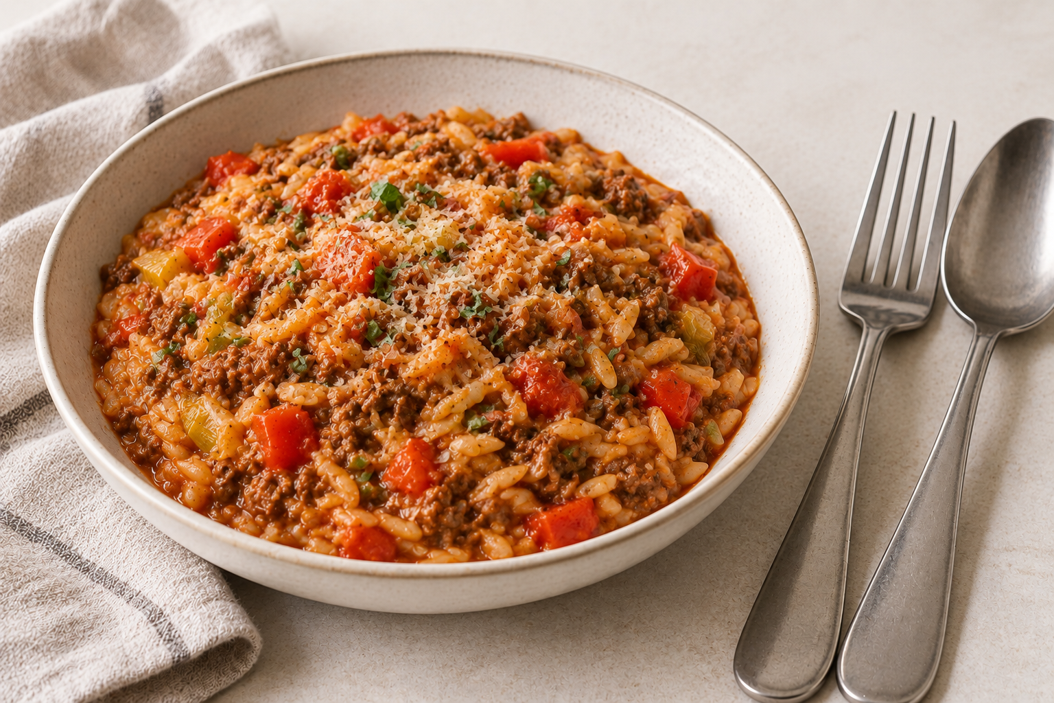 Orzo met gehakt, prei en paprika